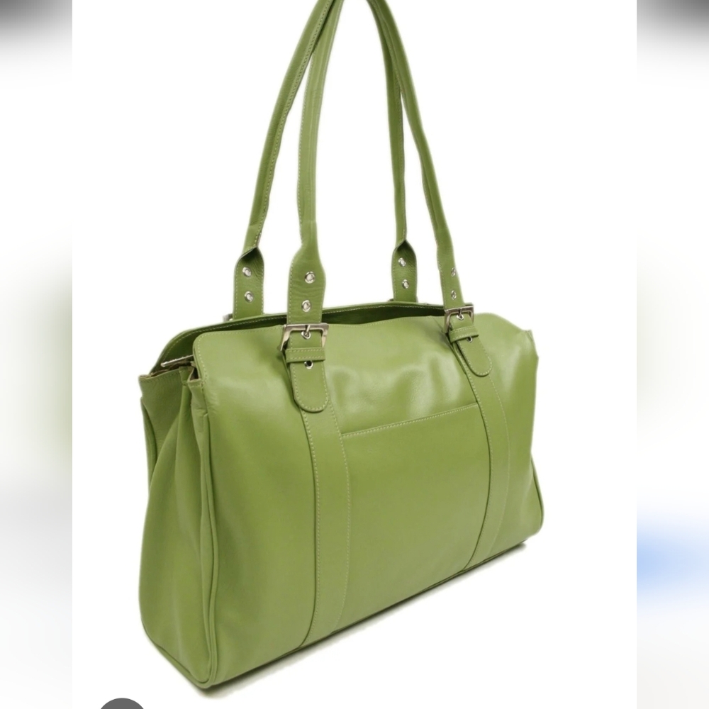 Piel Ladies Leather Buckle Laptop Tote Apple Green